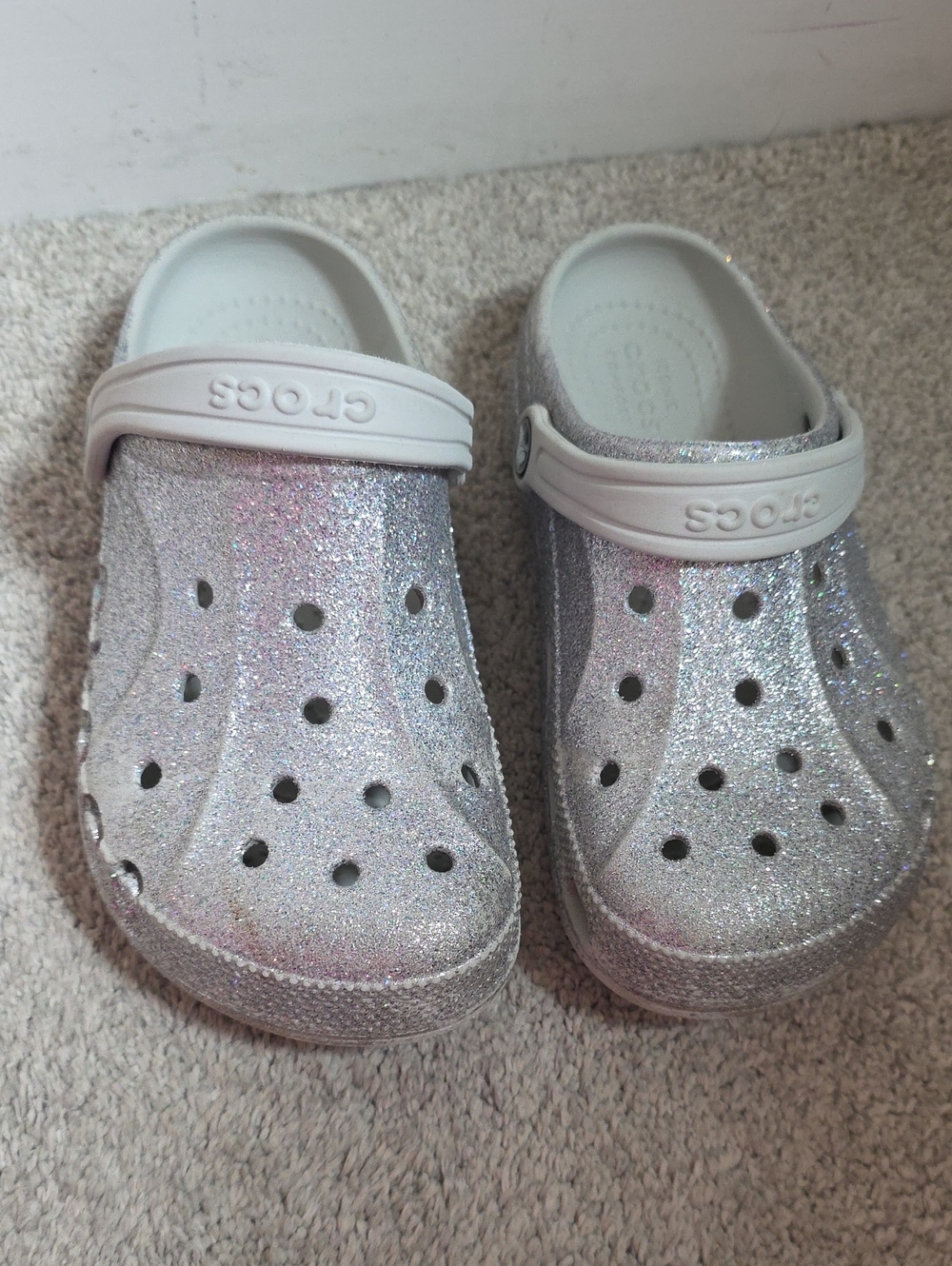 CROCS Kids Silver Glitter Clogs with White Strap